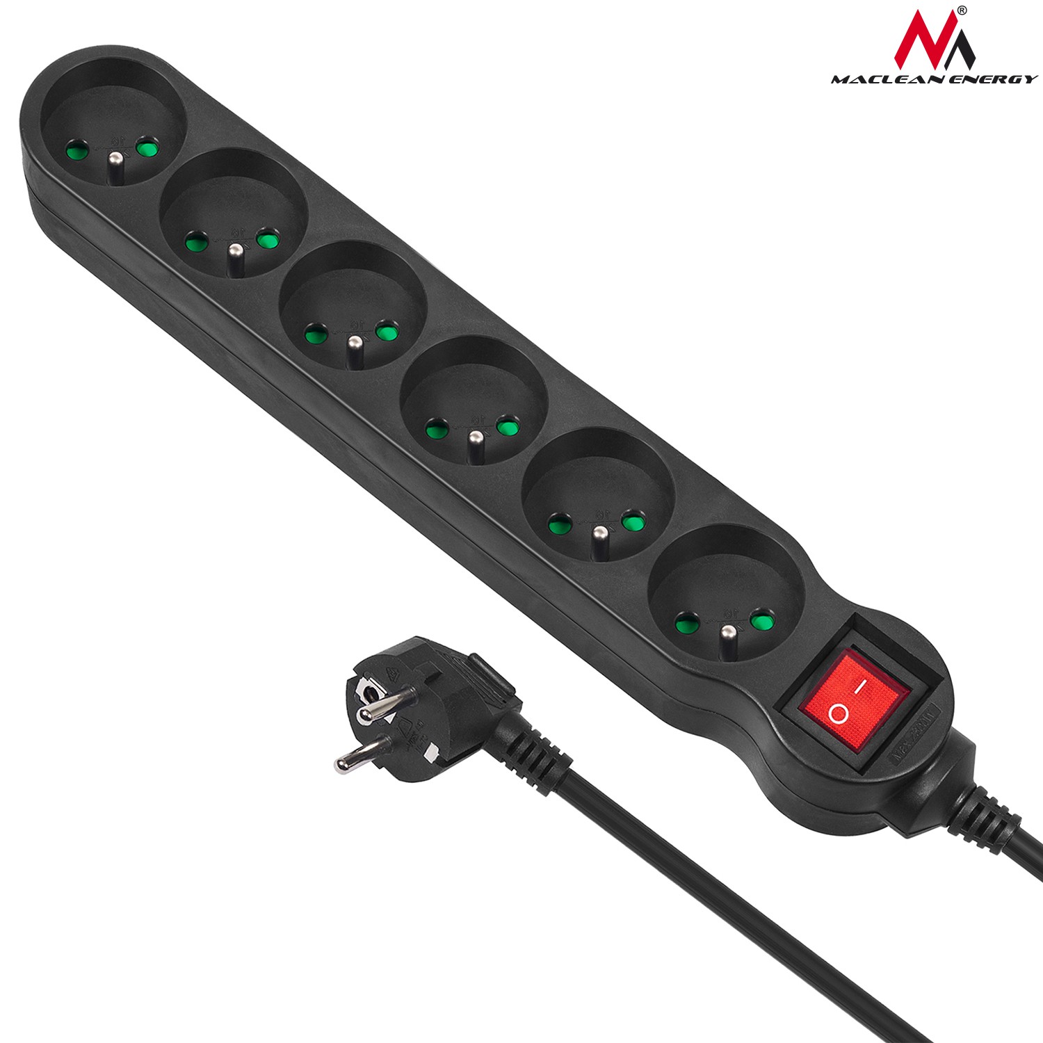 Listwa zasilająca Maclean, przedłużacz 6 gniazd, z wyłącznikiem, czarny, 2300W, 3m, MCE187