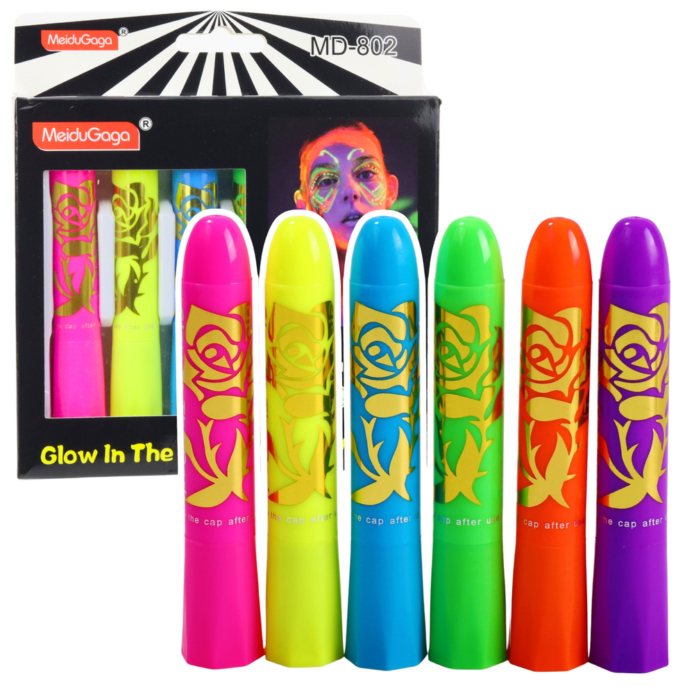 Zestaw Do Malowania Twarzy Pisaki Kredki Neonowe UV Fluorescencyjne 6szt
