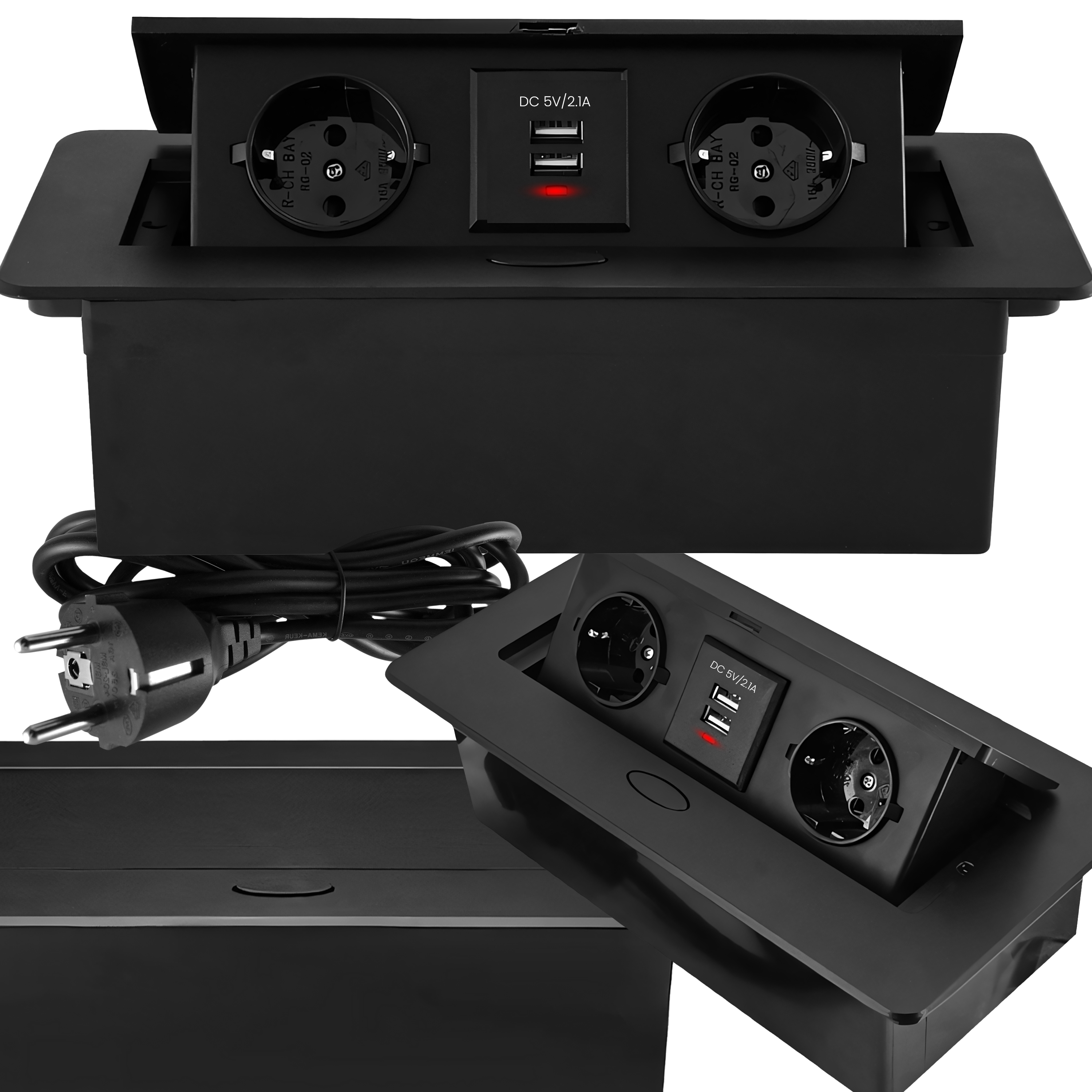 Mxxx- gniazdo blatowe chowane w blat kuchenny podwójne 2x230v+2x usb czarne 2.1a - or1342